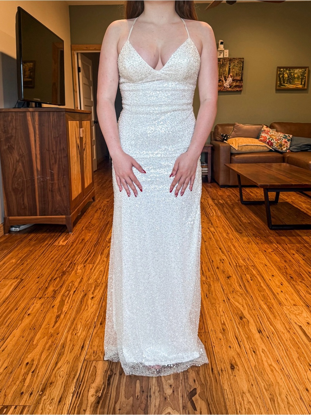 Faviana White Sequin Spaghetti-Strap Evening Gown